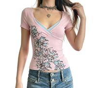 Fronage Y2K Floral Print Grunge Clothes Gothic V Neck Slim Fit Crop Tops Emo 2000s Short Sleeve T Shirt Whimsy Clothes Pink