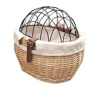 Front Bike Basket for Small Dogs & Cats, Wicker Pet Carrier with Removable Wire Mesh Cover for Bicycle Handlebar (Wood color)