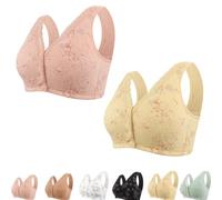 Front Closure Bra for Seniors No Underwire Floral Fit V-Neck Lace Cotton Wireless Comfortable Plus Size Older Women (2pcs-H,40)