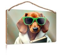 Front Decorative Wooden Sign Chic Dog in Sunglasses and Bathrobe Wooden Sign Man Cave Decor Welcome Sign(15X28CM)