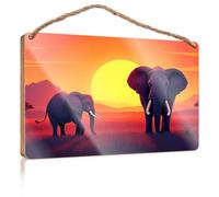 Front Decorative Wooden Sign Elephants At Sunset in The Wild Wooden Sign Man Cave Decor Welcome Sign(23X35CM)