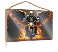 Front Decorative Wooden Sign Flaming Angel Of Death On Motorcycle Wooded Sign Funny Bathroom Decor Decore For Room(23X35CM)