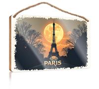 Front Decorative Wooden Sign Paris Moonlit Romance: Eiffel Tower Silhouette Against Full Moon Wooded Sign Funny Bathroom Decor Decore For Room(20X30CM)
