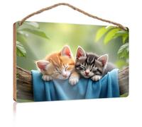 Front Decorative Wooden Sign Two Cute Kittens Sleeping On A Branch Wooden Sign Man Cave Decor Welcome Sign(15X28CM)