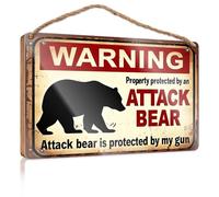 Front Decorative Wooden Sign Warning: Property Protected By An Attack Bear. Farmhouse Wall Decor Signs Summer Decor(20X30CM)
