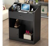 Front Desk Reception Counter Retail Counter Checkout Cashier Office Locker Table with Drawers Cable，Reception Counter Desk, Small Reception Desk, Wood Computer Workstation with Lockable Draw