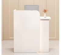 Front Desk Reception Counter Retail Counter Checkout Cashier Office Locker Table with Drawers，Modern Small Reception Desk with LED Lights Lockable Drawers and White Finish Ideal for Lobby Of