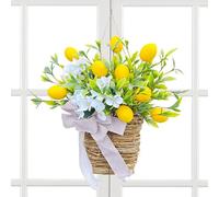 Front Door Basket Wreath - Artificial Lemon Flower Basket, Artificial Lemon Flower Blue, Lemon Flower Door Hanging Basket Garland, Artificial Spring Wreath For Window Farmhouse Decor