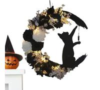 Front Door Cat Wreath With Light-Up Moon And Flowers | Halloween Cat Wall And Door Hanging Wreath | Seasonal Ornament For Front Porch, Indoor Outdoor Display, Shelves, Parties, Home Decoration