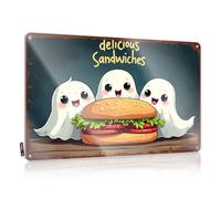 Front Door Decor, Retro Wall Decor Funny Accessory Wall Decor, Amazing Rustic Metal Tin Sign For Man Cave | Pool Holiday Gift Custom Spooky Ghosts Enjoying Delicious Sandwiches(30X40CM)
