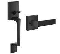 Front Door Handle, Single Cylinder Exterior Door Entry Handle with Door Lever, German Forging Technology Door Handle Set for House, Lever Reversible for Right and Left Sided Doors (Matte Black)