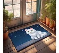 Front Door Inside Mat A Fluffy White Cat With Green Eyes Sits On A Rooftop Under A Starry Night Sky Doormat Bath Mats For Bathroom Non Slip Door Mat Rug(65X90CM)