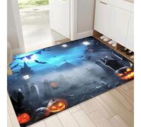 Front Door Mat, 50x80cm Washable Non Slip Dead Tree Pumpkin Lantern Entryway Rug, Halloween Low Pile Dirt Trapper, Super Absorbent Gray-Blue Floor Mat for Indoor, Muddy Wet Shoes, Paws