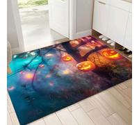 Front Door Mat, 50x80cm Washable Non Slip Forest Pumpkin Entryway Rug, Halloween Low Pile Dirt Trapper, Super Absorbent Orange Blue Floor Mat for Indoor, Muddy Wet Shoes, Paws
