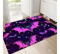 Front Door Mat, 60x90cm Washable Non Slip Neon Bat Entryway Rug, Gothic Low Pile Dirt Trapper, Super Absorbent Pink Purple Floor Mat for Indoor, Muddy Wet Shoes, Paws