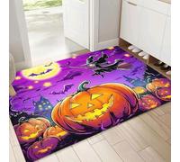 Front Door Mat, 60x90cm Washable Non Slip Pumpkin Witch Entryway Rug, Cartoon Low Pile Dirt Trapper, Super Absorbent Purple Floor Mat for Indoor, Muddy Wet Shoes, Paws