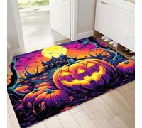 Front Door Mat, 80x120cm Washable Non Slip Pumpkin Haunted House Entryway Rug, Cartoon Low Pile Dirt Trapper, Super Absorbent Purple Orange Floor Mat for Indoor, Muddy Wet Shoes, Paws