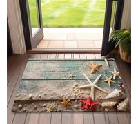Front Door Mat,Beach Seashell Starfish Indoor Outdoor Entrance,Blue Wooden Welcome Mats,Non-Slip Door Mats,Low Profile Front Door Mat,Entryway Mat for Porch Patio 17''x30''