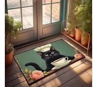 Front Door Mat Outdoor Funny A Black Cat Wearing A Chef'S Hat Sits Behind A Cup Of Tea, Surrounded By Flowers Doormat Outdoor Bar Accessories Decor Boys Room Decor(40X60CM)