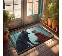 Front Door Mat Outdoor Funny A Woman In A Red Cloak Sits Facing A Black Wolf In A Misty Forest Doormat Outdoor Bar Accessories Decor Boys Room Decor(40X60CM)