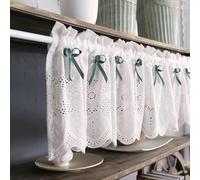 Front Door Shades for Glass Window Curtains Green Dark 1Pcs Short Embroidery with Bows Cotton Linen 59"W X 22"H (150X55Cm) for Each Pc