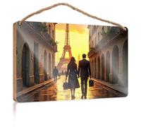 Front Door Sign Funny Romantic Sunset Stroll In Paris: A Couple'S Journey Near The Eiff Wooded Sign Spring Decor Spring Decor(20X30CM)