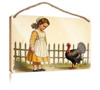 Front Door Sign Plaque A Girl in an Apron Looks At A Turkey Door Decor Home Decor Ideas Kitchen(20X30CM)
