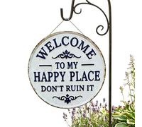 Front Door Signs for Home - Round Metal Board Decor, Retro Welcome, Happy Place Wall Art | Circular Entry Signage for Neighbor, Garden, Hallway, Holiday Hosting, Housewarming, Patio