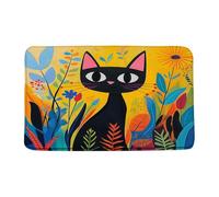 Front Door Welcome Mat Mid Century Retro Cat Black Kitten Boho Flower Soft Kitchen Bathroom Absorbent Rug Machine Washable Entrance Front Porch Rug 40X60Cm