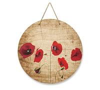 Front Door Welcome Sign Vintage Red Poppy Flower Round Wooden Hanging Sign Housewarming Gift For Home Outdoor Indoor, Brown Wood Porch Decor For Home Front Wreath Door Decor 20x20cm