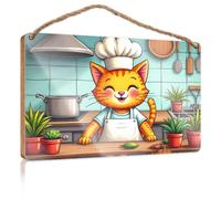 Front Door Wooden Sign A Cheerful Cat Chef Prepares Vegetables in The Kitchen Spring Door Decorations Wood Bathroom Decor(20X30CM)