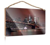 Front Door Wooden Sign A City Skyline with A Bridge in The Foreground Spring Door Decorations Wood Bathroom Decor(23X35CM)