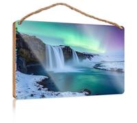 Front Door Wooden Sign A Majestic Waterfall Illuminates with The Northern Lights Spring Door Decorations Wood Bathroom Decor(20X30CM)