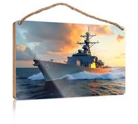 Front Door Wooden Sign A Naval Ship Sails Through Turbulent Waters At Sunset Spring Door Decorations Wood Bathroom Decor(15X28CM)