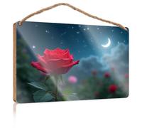 Front Door Wooden Sign A Red Rose Under A Starry Night Sky Spring Door Decorations Wood Bathroom Decor(23X35CM)