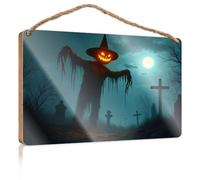 Front Door Wooden Sign A Spooky Scarecrow with A Glowing Pumpkin Face Stands Spring Door Decorations Wood Bathroom Decor(20X30CM)