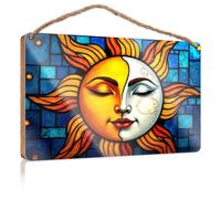 Front Door Wooden Sign A Stained Glass Artwork Featuring A Sun with A Face Spring Door Decorations Wood Bathroom Decor(15X28CM)