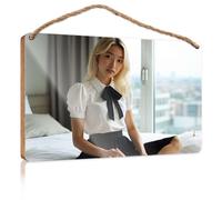 Front Door Wooden Sign A Woman in A White Blouse with A Black Bow Sits On A Bed, Looking Out A Window Spring Door Decorations Wood Bathroom Decor(23X35CM)