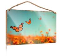Front Door Wooden Sign Butterflies Flying Over Orange Flowers Spring Door Decorations Wood Bathroom Decor(20X30CM)