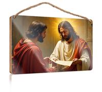 Front Door Wooden Sign Two Men in Robes Share A Document Spring Door Decorations Wood Bathroom Decor(23X35CM)