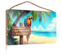 Front Door Wooden Sign Welcome to Our Backyard Paradise! Spring Door Decorations Wood Bathroom Decor(23X35CM)