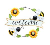 Front Door Wreath, Sunflower Bee Welcome Sign, Metal Bee Wall Art Decor Hanging Wall Plaques for Home Garden Decor Bee