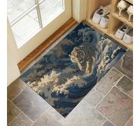 Front Doormat 90x150 cm, Dirt Trapper Floor Mat, Polyester Tiger Running On The Waves Washable Door Mat for Entryway, Absorbent Non-Slip Rubber Backing Japanese Giant Waves Indoor Doormat, Blue