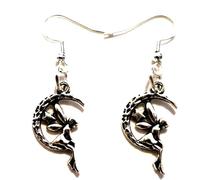 Front Facing Fairy on the Moon Dangle Earrings on Sterling Silver Hooks Tinkerbell Fairy Tale Fantasy Drop Earrings Cosplay Hippy Earrings