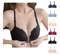Front Fastening Bras for Women Plus Size Non Wired Lace Bra Seamless Push Up Unlined Bralette Casual V Neck Triangle Bras Adjustable Spaghetti Straps Brassiere Invisible Bras for Daily Tops