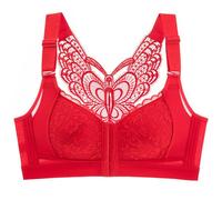Front Fastening Bras for Women UK Plus Size Wireless Push Up Bra Back Butterfly Front Button Balconette Bralette Convertible Lace Seamless Bralette for Everyday Wear (Red, 38)