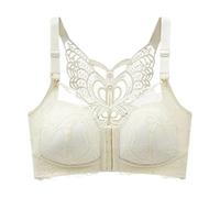 Front Fastening Bras for Women UK Plus Size Wireless Push Up Bra Back Butterfly Front Button Balconette Bralette Convertible Lace Seamless Bralette for Everyday Wear (Light Yellow, 46)