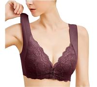 Front Fastening Wireless Bra Front Opening Bras Plus Size Clasp Wireless Wide Strap Push Up Bras Lace Crochet Comfort Everyday Cotton Vest Bra for The Elderly Wine L
