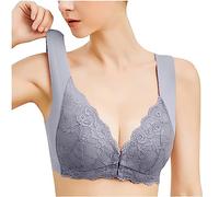 Front Fastening Wireless Bra Front Opening Bras Plus Size Clasp Wireless Wide Strap Push Up Bras Lace Crochet Comfort Everyday Cotton Vest Bra for The Elderly Grey M