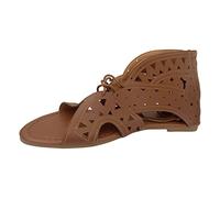 Front Laced Fish Mouth Hollow Floral Pattern Back Zipper Flat Bottom Roman Large Sandals, brown, 5 UK